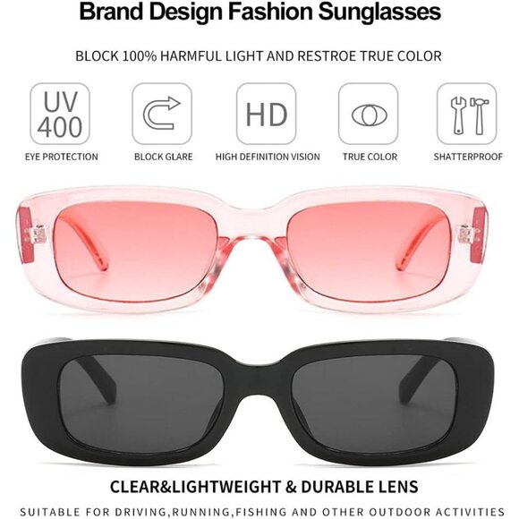 Trendy Rectangle Pink Black Sunglasses Women Men Retro Square Fashion Shades - Picture 2 of 4